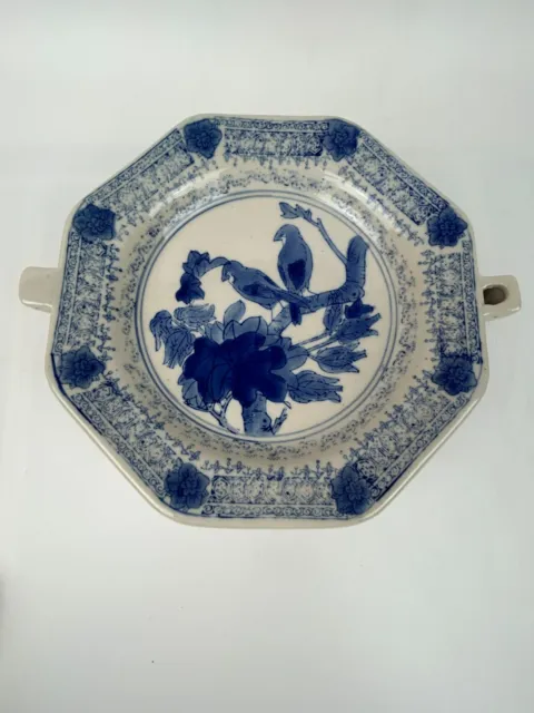 Chinese Porcelain Warming Plates Hot Water Dish Blue White Birds Floral Set of 2