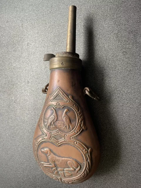 Copper Powder Flask old gun dog hunting scene  With Dogs And Birds powder flask