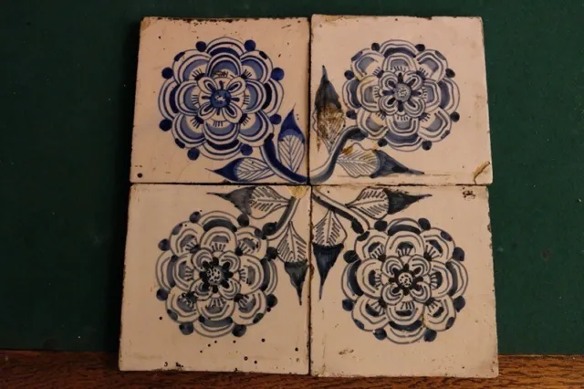 square Antique delft blue and white flower kitchen fireplace tiles 18th century