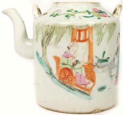 Antique 19th Century China Hand Painted Famille Rose Porcelain Teapot Park Motif