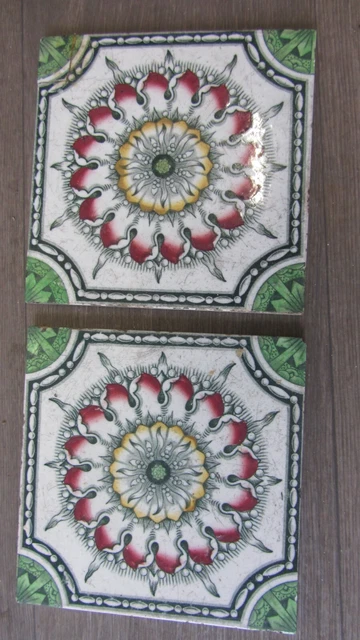 Antique Victorian 2 x Fireplace Tiles Floral Design Transfer print