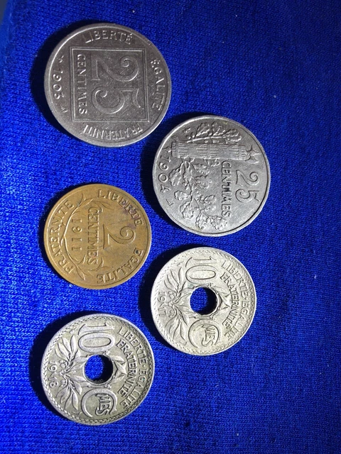Lot Of 5 Vintage French Coins - 2, 10, and 25 Centimes, 1903-1918
