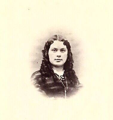 Old Antique CDV Photo Young Woman Vignette Civil War Hand Tinted Curly Long Hair