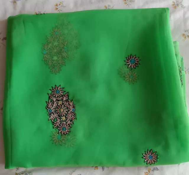 Ladies Indian Emboidered Saree Green With Petticoat - New 