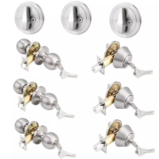 3Pack Front Entry Door Handle Set Keyed Alike Entrance Lock &Deadbolt Round Knob