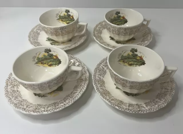 American Limoges Chateau France Set of 4 Coffee or Tea Cups Saucers Gold Trim