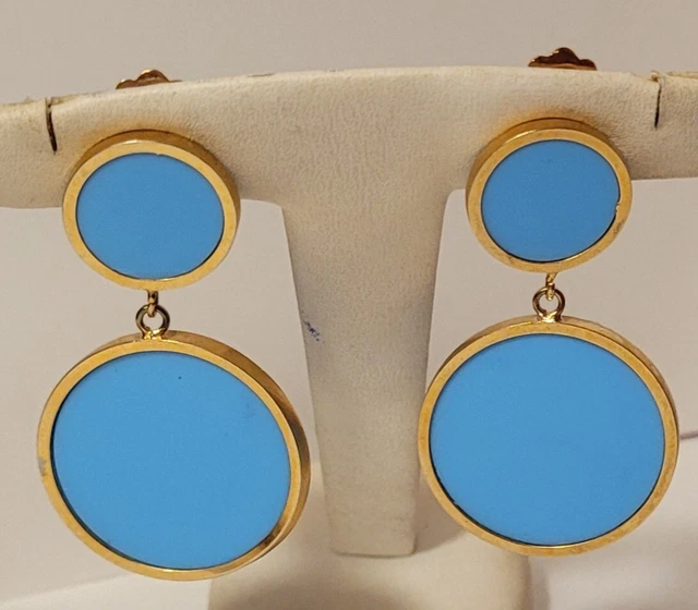 Boucles D'oreilles Anciennes Clips - Perles De Verre Bleu Et Jaune, Laiton, Vintage