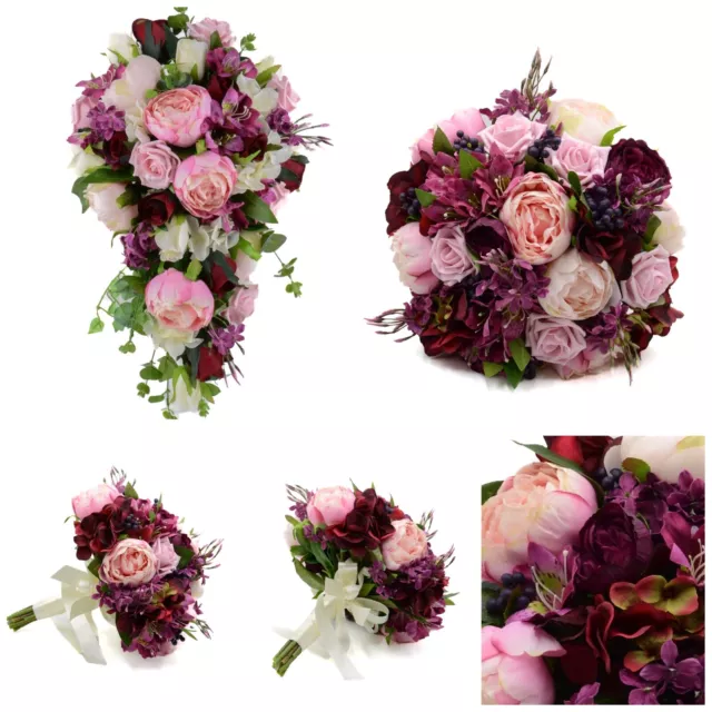 Silk Artificial Wedding Flowers Burgundy, Plum & Pink Bouquet Posy Buttonholes