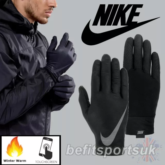 Nike Black Running Gloves Mens Baselayer Light Winter Warm Cold Touch Screen