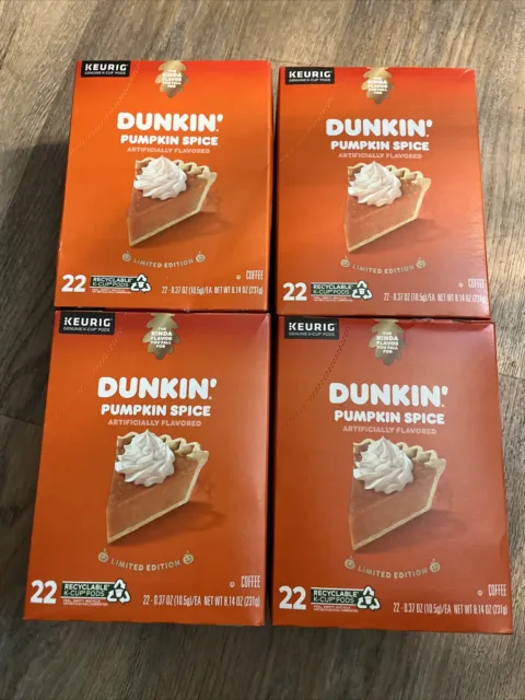 X4 Boxes Dunkin' Ltd Edition Pumpkin Spice Coffee K-cup Pods 22 pods EA 07/2023