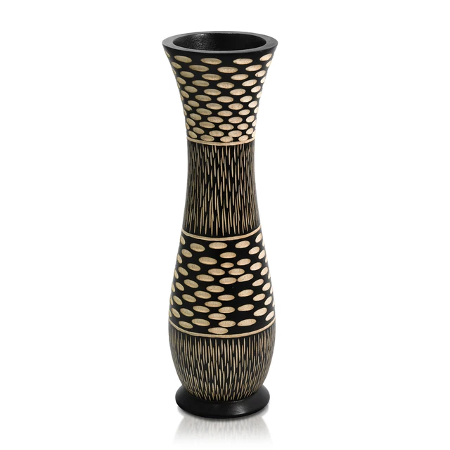 Stylish Etched Ovals on Textured Black Mango Tree Wood Hand Carved Vase