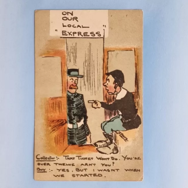 Comic Postcard 1908 Local Express Train Ticket Collector Boy Spatz Artist Signed