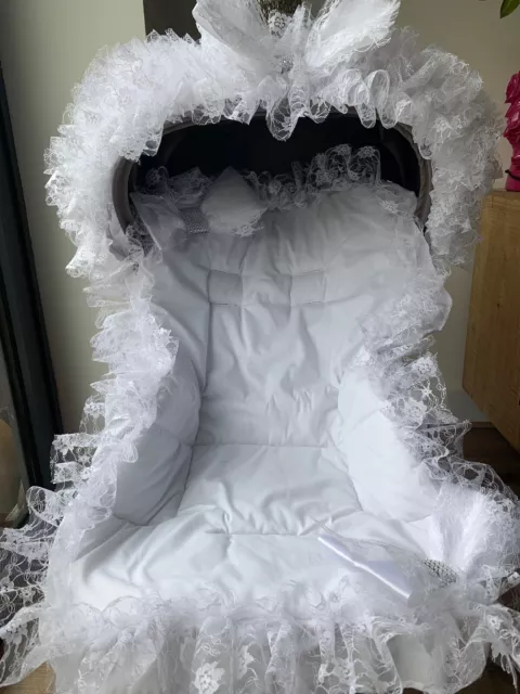 Pram/Pushchair White Frilly Liner - Optional Bling Bow Hood Trim - Romany 💕