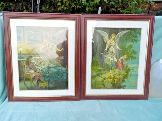 Pair Of Large Vintage Framed & Glazed German Prints On Paper " Guardian Angel "