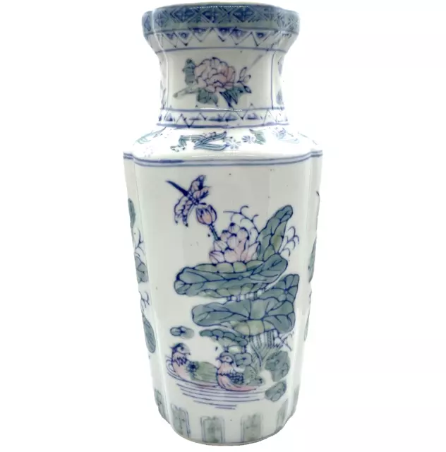 Chinoiserie Floral Hand Painted Chinese Asian Oriental Blue White Vase Ornament