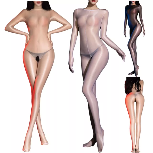 Women's Ultra Thin Sheer Lingerie Catsuit One Piece Jumpsuit Glossy Bodystocking 2