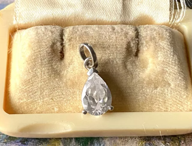 Vintage Sterling Solid Silver Cubic Zirconia Pear Shaped Pendant  ❤️ 17x6mm