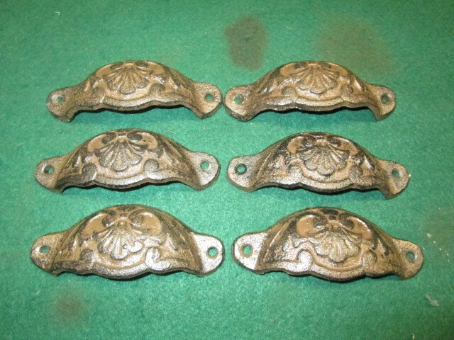 6 CAST IRON BROWN PULLS DRAWER CABINET BIN HANDLES RUSTIC BARN DRESSER Hardware