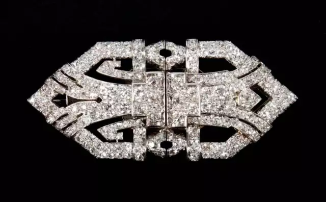 French Art Deco Style Old European Cut 7.26CT Cubic Zirconia Double-Clip Brooch