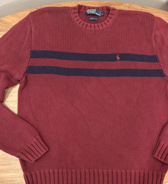 Polo Ralph Lauren Vintage Men's Large Maroon Striped Cotton Sweater Crew Neck