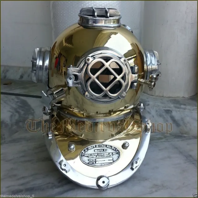 Antique Brass Scuba Deep Sea Diving Divers Helmet Mark V U.S Navy Vintage 18 A