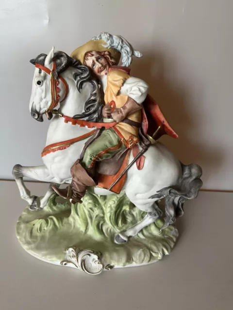 PUCCI Large Porcelain Capodimonte Musketeer on Horseback Vintage Figurine Italy