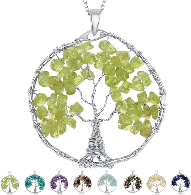 Sterling Silver Peridot Natural Gemstone Beads Tree of Life Pendant Necklace 30"