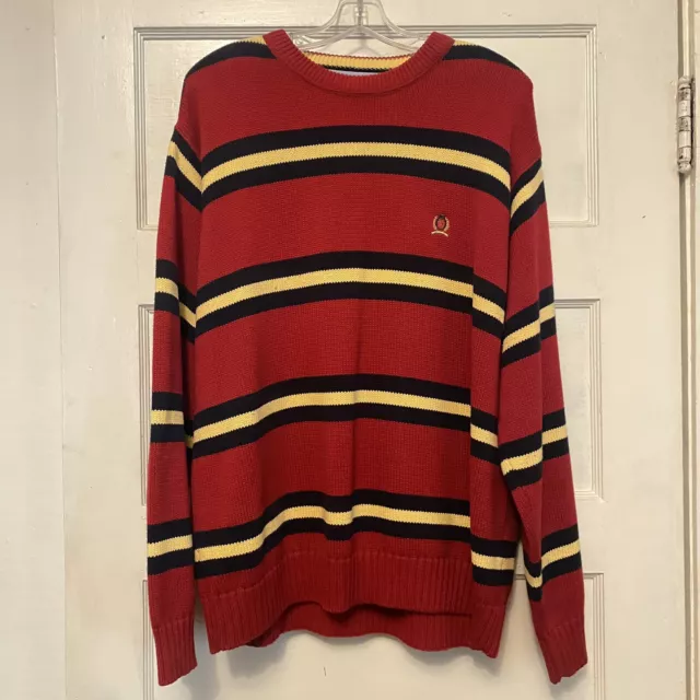 Vintage Tommy Hilfiger Striped Red Yellow Blue Sweater Mens Size XL Cotton Crest