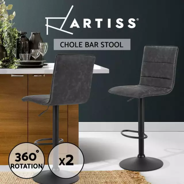 Artiss 2x Bar Stools Kitchen Dining Chairs Vintage Leather Stool Gas Lift Grey