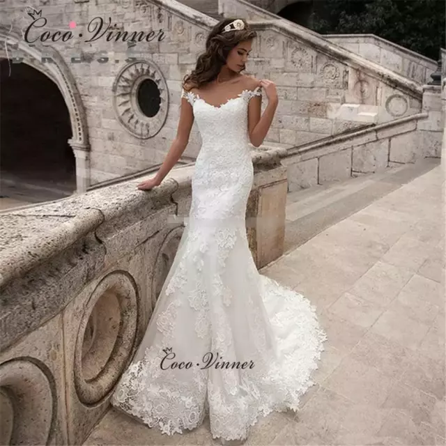 Mermaid Wedding Dress Embroidered Lace Train Button - Cap Sleeves