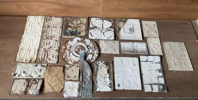 15 sq ft  Antique Tin Ceiling Pieces Shabby Tile Chic VTG Crafts 75-23A