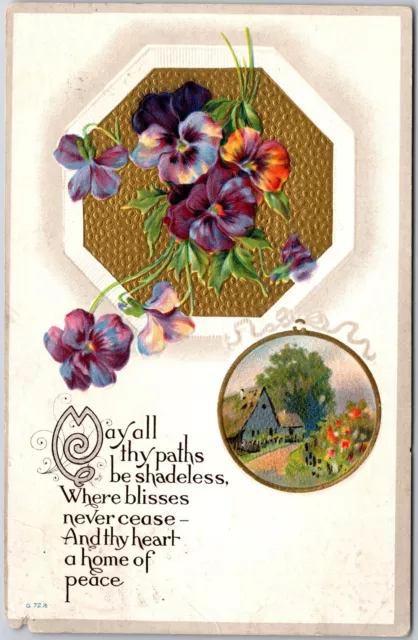 1915 Pansies Landscape Greetings And Wishes Card Posted Postcard