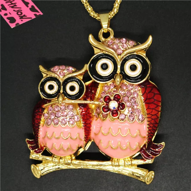 Hot Fashion Women Red Enamel Cute Two Owls Crystal Pendant Chain Necklace