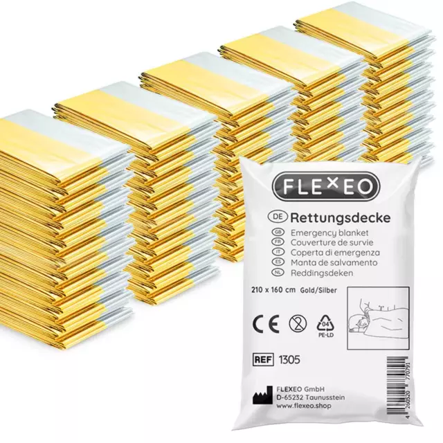 FLEXEO Rettungsdecke Rettungsfolie Notfalldecke Erste Hilfe Decke 50 Stück