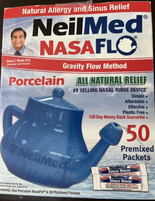 NeilMed NasaFlo Porcelain Nasal Rinse Natural Relief + 50 Premixed Packets New!