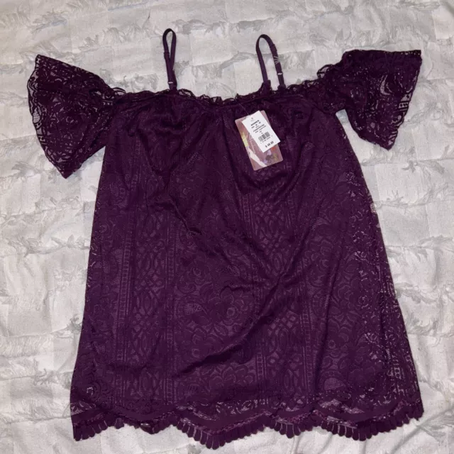 Love Fire Womens NWT Lace Lined Cold Shoulder Wine Top Blouse Shirt Flutter