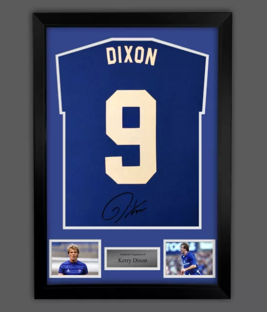 Kerry Dixon Signed Blue Player T-Shirt In A Framed Presentation. Chelsea Legend