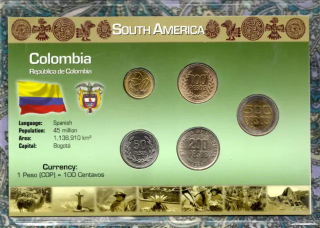 Littleton World Coin Set Colombia UNC 20 Pesos 2004 50,100,200,500 Pesos 2008