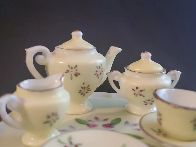 Antique Hand Painted Bisque Doll Dollhouse Miniature Porcelain Tea set