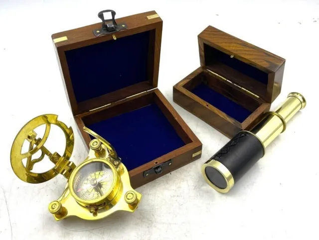 Set of 2 Compass Brass Vintage Antique Nautical Pocket Gift Sundial Handmade gif