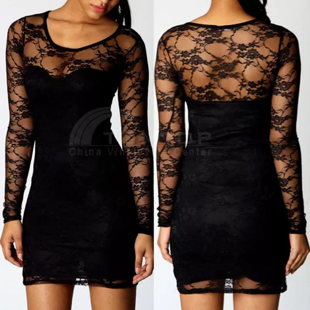 Women Hot Sexy Lace Black Mini Dress Clubbing Cocktail Party Dress S M L XL XXL