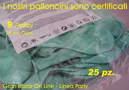 PALLONCINI VERDE ACQUA MARINA 25 Pz. 26 cm diam 9-10" PARTY FESTA Puro Lattice
