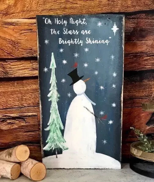 Primitive Christmas Sign / Snowman Decor / Oh Holy Night Sign / Christmas Scene