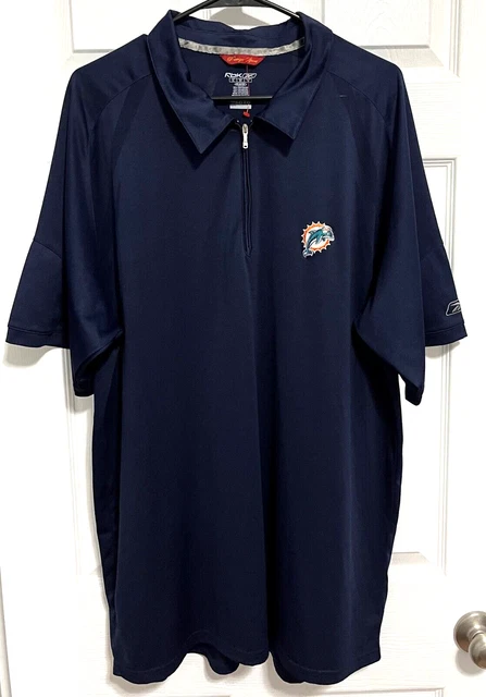 MIAMI DOLPHINS Men Navy Short Sleeve Zip Collar Polo Shirt XL Reebok Prestige