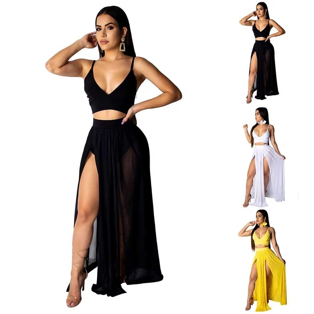 Donne Sexy Spiaggia Abito Set 2pcs Top Corto Hight Spacco Rete Gonna Abiti