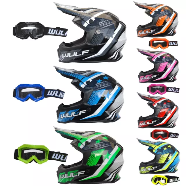 Wulfsport Kids Cub Motocross Iconic Helmet + Wulf Kids Goggles Off Road ATV