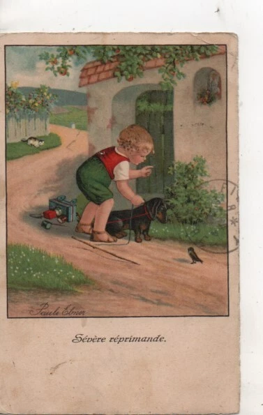 CPA.Illustrateur signé Ebner.Sévère réprimande.enfant et Teckel