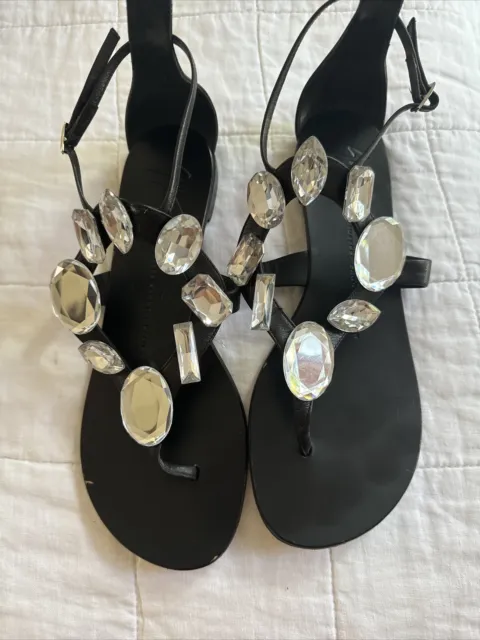 Guiseppe Zanotti Black Crystal Flat Sandals 39.5