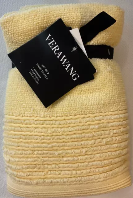 Vera Wang Sculpted Pleat Hand Towels (2) Yellow  100% Cotton Nwt