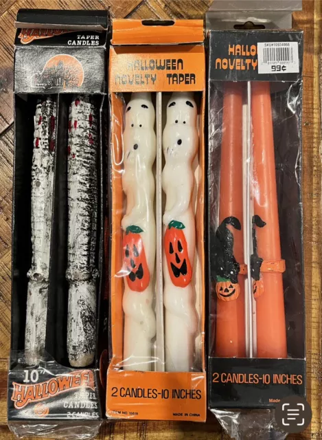 Vintage Nos Halloween Candles Tapers 10" Ghosts, Trees & Black Cats Lot Of 6
